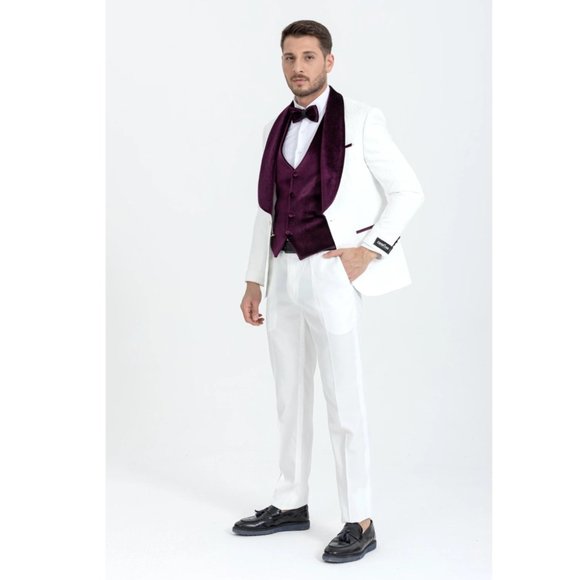 Derman Burgundy Luxury Floral Textured Velvet Collar 3 Piece Tuxedo - Picture 3 of 7